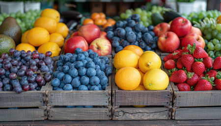 Fruits in wooden boxes on the counter of a farmers market.の素材