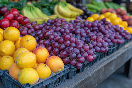 Fruits on the counter of a market stall. Fresh fruits.の素材