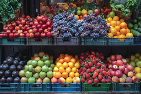 Fruits and vegetables in a market stall in Barcelona, Spain.の素材
