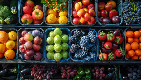 Fresh fruits and vegetables in boxes for sale at a market stall.の素材