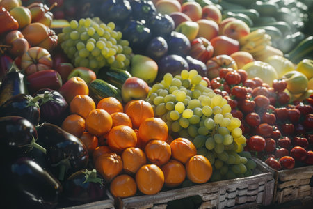 Fruits and vegetables in a basket on a market stall, close-upの素材