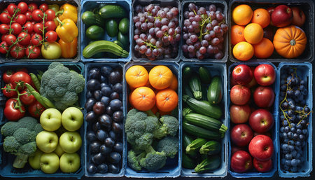 Assortment of fruits and vegetables in plastic boxes. Top view.の素材