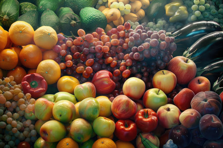 Fruits and vegetables on a market stall, closeup of photoの素材
