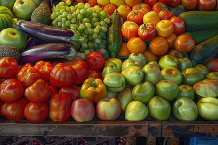 Fruits and vegetables on display at the farmers market in Italy.の素材