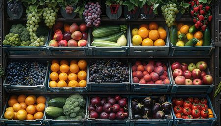 Fruits and vegetables in boxes on the market stall, close upの素材