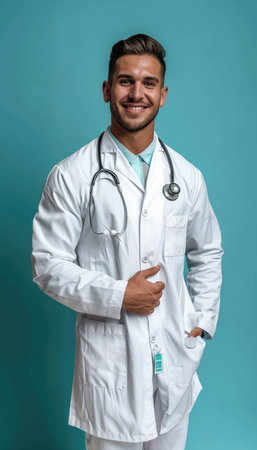 Portrait of a young male doctor with stethoscope on blue backgroundの素材