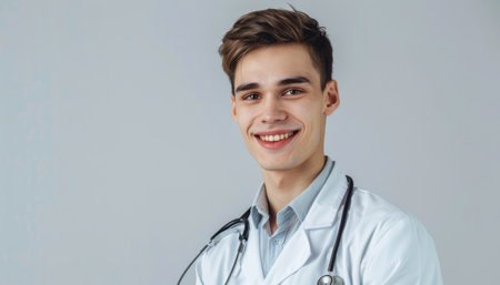 Portrait of a smiling young male doctor with stethoscope.の素材