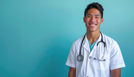 Portrait of young Asian male doctor with stethoscope on blue backgroundの素材