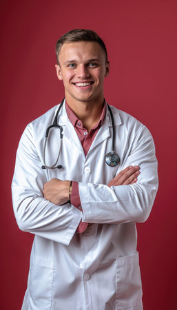 Portrait of a smiling young male doctor with stethoscope.の素材