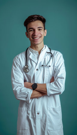 Portrait of a smiling young male doctor with stethoscope on his neckの素材