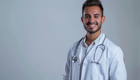 Portrait of young handsome Hispanic man doctor with stethoscope smilingの素材