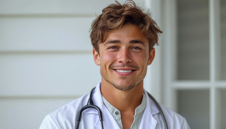 Portrait of smiling male doctor with stethoscope looking at cameraの素材