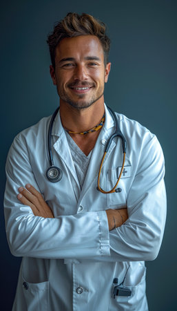 Portrait of smiling male doctor with stethoscope standing with arms crossedの素材