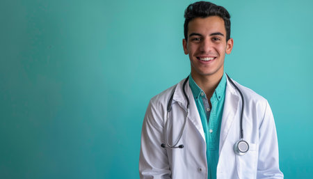 Portrait of a young Indian male doctor smiling at the camera.の素材