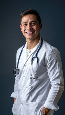 Portrait of a young male doctor with stethoscope on grey backgroundの素材