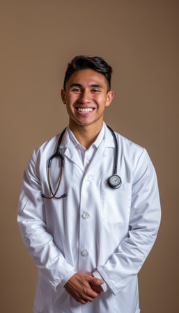 Portrait of a young male Hispanic doctor smiling and looking at the cameraの素材