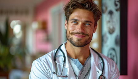 Portrait of a smiling male doctor standing in his office. Medicine and healthcare concept.の素材
