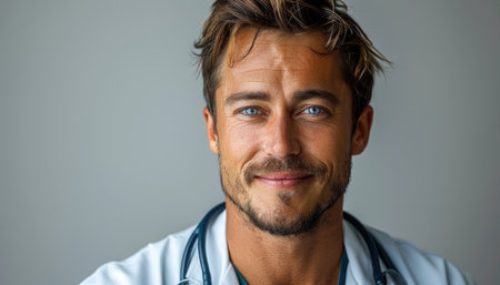 Portrait of a smiling male doctor with stethoscope on grey backgroundの素材