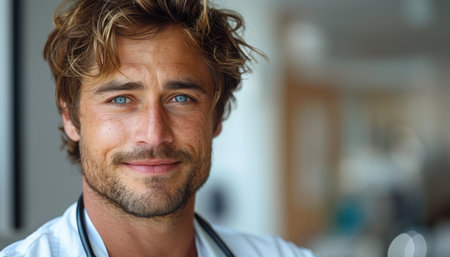 Portrait of handsome male doctor with stethoscope in his officeの素材