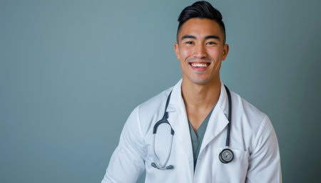 Portrait of happy asian male doctor smiling with stethoscopeの素材