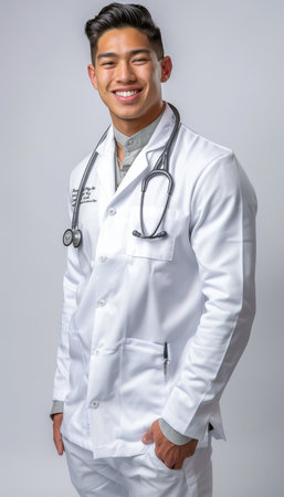 Portrait of young handsome Asian man doctor standing against gray background.の素材