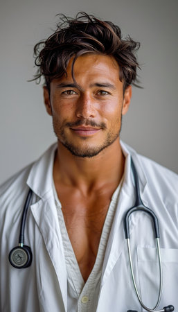 Portrait of a handsome Hispanic man with a stethoscope on his neckの素材