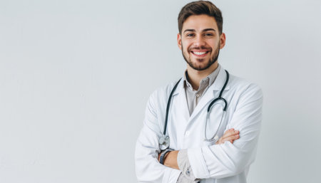 Portrait of young smiling doctor in white coat with stethoscope isolated on white backgroundの素材