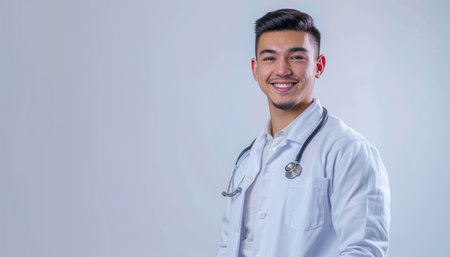 Portrait of young Asian male doctor in white coat with stethoscopeの素材