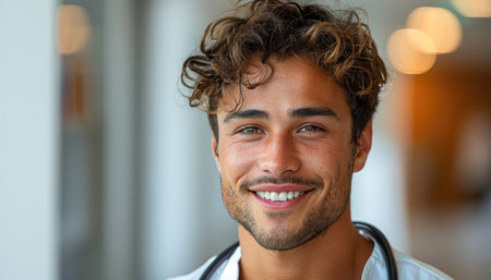 Portrait of smiling young male doctor with stethoscope in hospitalの素材