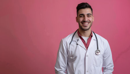 Portrait of a young doctor with stethoscope on pink backgroundの素材