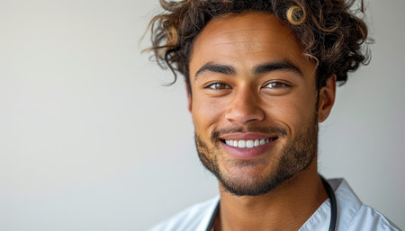 Close up portrait of a smiling young african american male doctorの素材