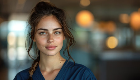 Portrait of beautiful young woman looking at camera in a cafe.の素材