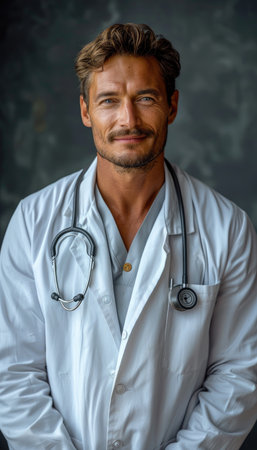 Portrait of a handsome doctor with a stethoscope on his neckの素材