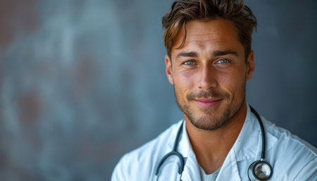 Portrait of a young doctor with stethoscope against grey backgroundの素材