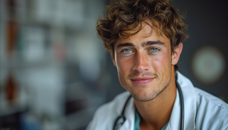Portrait of smiling male doctor with stethoscope in hospital corridorの素材