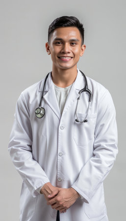 Portrait of a smiling young asian doctor with stethoscopeの素材