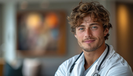 Portrait of handsome doctor with stethoscope smiling at camera in clinicの素材