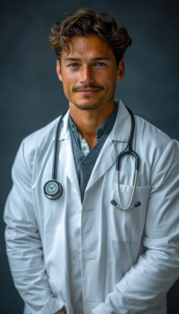 Portrait of a handsome young doctor with stethoscope on his neckの素材