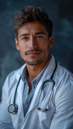 Portrait of confident doctor with stethoscope looking at camera against dark backgroundの素材