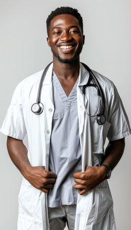 Portrait of a smiling african american male doctor standing isolated over gray backgroundの素材