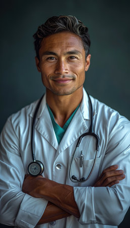 Portrait of confident male doctor standing with arms crossed against grey backgroundの素材