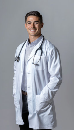 Portrait of a smiling male doctor with stethoscope over grey backgroundの素材