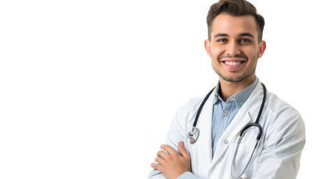 Portrait of happy young doctor with stethoscope, isolated on white backgroundの素材