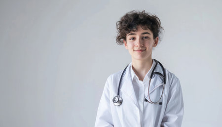 Portrait of a young doctor with stethoscope on white backgroundの素材