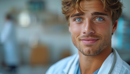 Portrait of a young male doctor with stethoscope at hospitalの素材