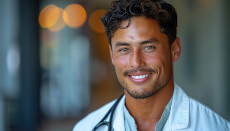 Portrait of smiling male doctor with stethoscope in hospital corridorの素材
