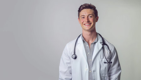 Portrait of a smiling young male doctor with stethoscope.の素材