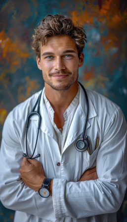 Portrait of a handsome young doctor with stethoscope on his neckの素材