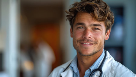 Portrait of smiling male doctor with stethoscope at hospital corridorの素材