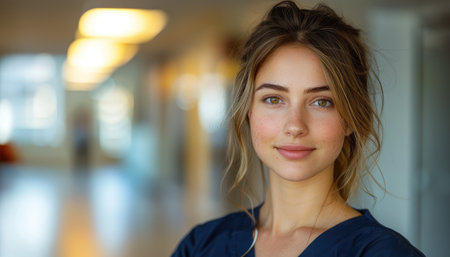 Portrait of a beautiful young woman looking at camera in a corridorの素材